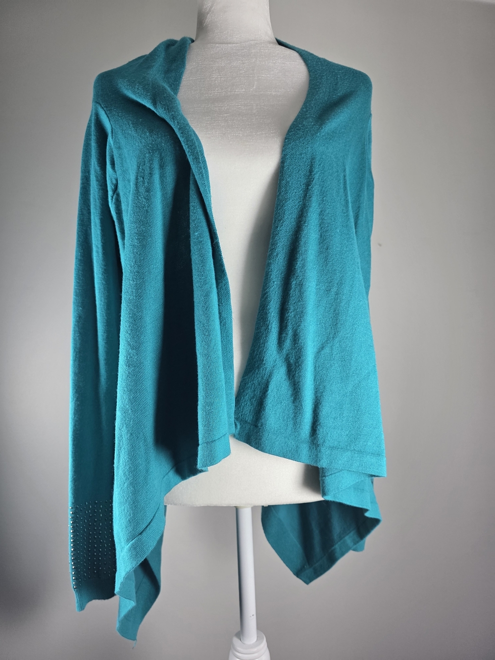 GeeGee Women’s M/L Teal Open Front Cardigan Rhinestone Cuff Draped Sweater